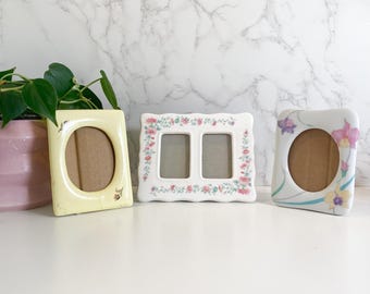 Vintage Floral Porcelain Picture Frame: White or Yellow Table-Top Decor