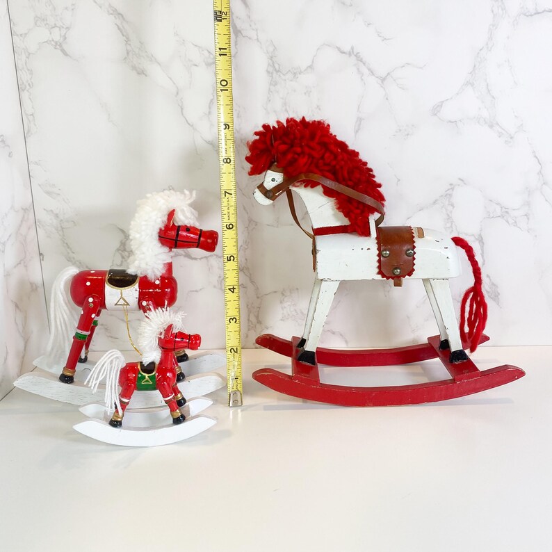 Trio of Vintage Hand Painted Wooden Rocking Horse, Red & White Horse