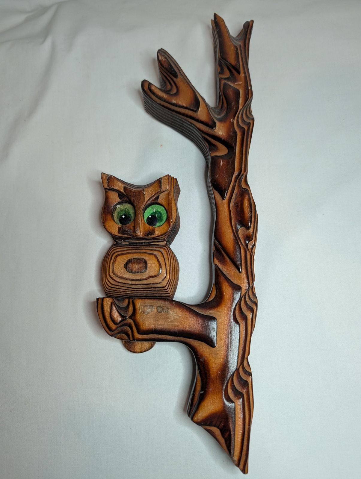 Vintage 1970s Wooden Carved Witco Style Owl on Branch Felt Eyes Wall Hanging