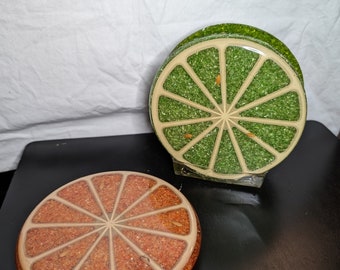 Vintage New Designs Inc Lime Napkin Holder Orange Trivet Lucite