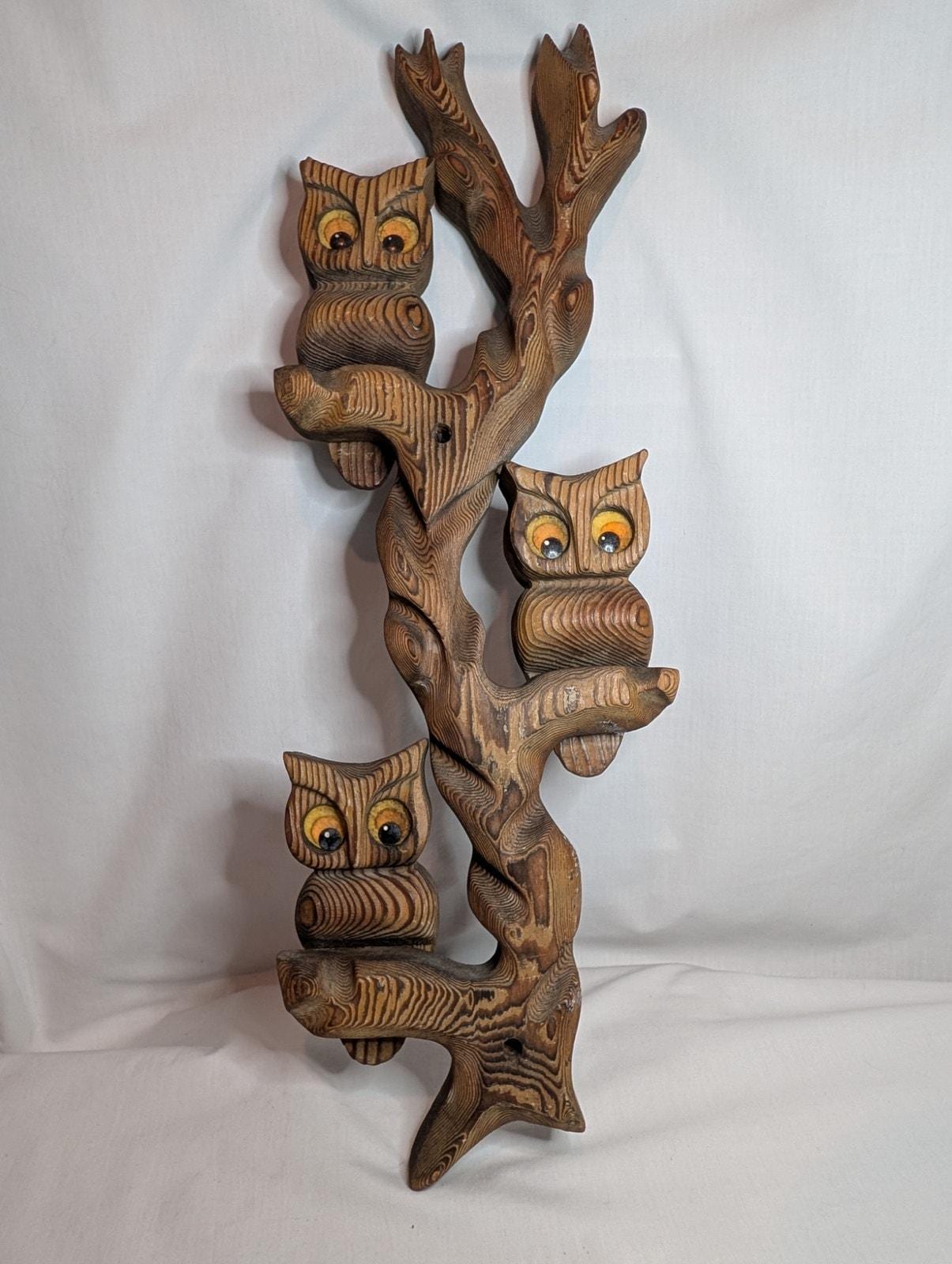 Vintage 1970s Wooden Carved Witco Style Three Owls on Branch Trio Wall Hanging