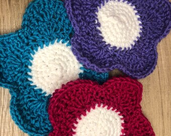 Handmade Crochet Flower Coasters; Set of 3
