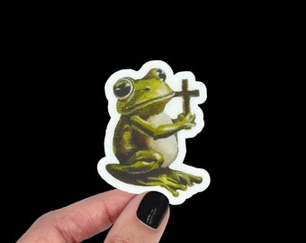 Frog Holding Cross Sticker, Christian Art, Laminated Vinyl
