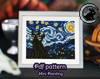 Starry Night Cat Cross Stitch Pattern: Van Gogh Inspired (Digital PDF)
