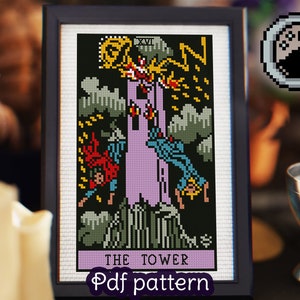 Tarot Card Cross Stitch Pattern - The Tower - Major Arcana - Rider Waite Tarot - Smith Waite Tarot - PDF numérique