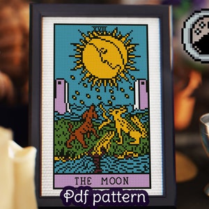 Tarotkaart Cross Stitch Patroon - De Maan - Grote Arcana - Rider Waite Tarot - Smith Waite Tarot