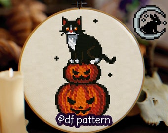 Tuxedo Cat Cross Stitch Pattern - Halloween Pumpkins - PDF Download