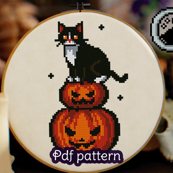 Tuxedo Cat Cross Stitch Pattern - Halloween Pumpkins - PDF Download