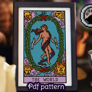 Padrão de ponto cruz de cartas de tarô - O mundo - Arcanos Maiores - Rider Waite Tarot - Smith Waite Tarot
