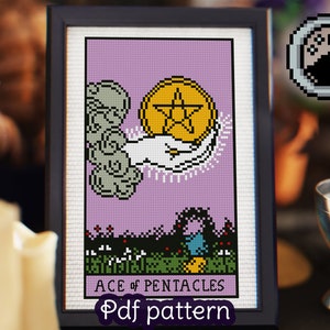 Tarotkaart Cross Stitch Patroon - Aas van Pentakels - Rider Waite Tarot - Smith Waite Tarot