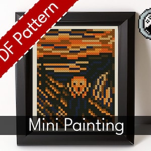 May include: A framed cross-stitch pattern of The Scream by Edvard Munch. The pattern is in a black frame with a white mat. The pattern is made up of small squares of different colors, including yellow, orange, red, blue, and black. The pattern is a pixelated version of the famous painting. The text "PDF Pattern" is in red on a white background and the text "Mini Painting" is below the frame.