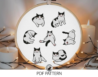 Cross Stitch Pattern - Cat Poses Sampler - Tuxedo Cat  - PDF Download
