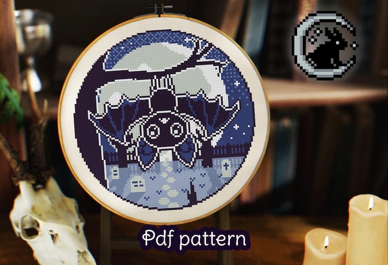 Bat in a Graveyard Cross Stitch Pattern