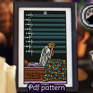 May include: A cross-stitch pattern for a digital art piece depicting a person in a white robe sitting on a bed with a colorful quilt. The pattern is framed and includes the Roman numeral IX. The text "Pdf pattern" is at the bottom of the frame.