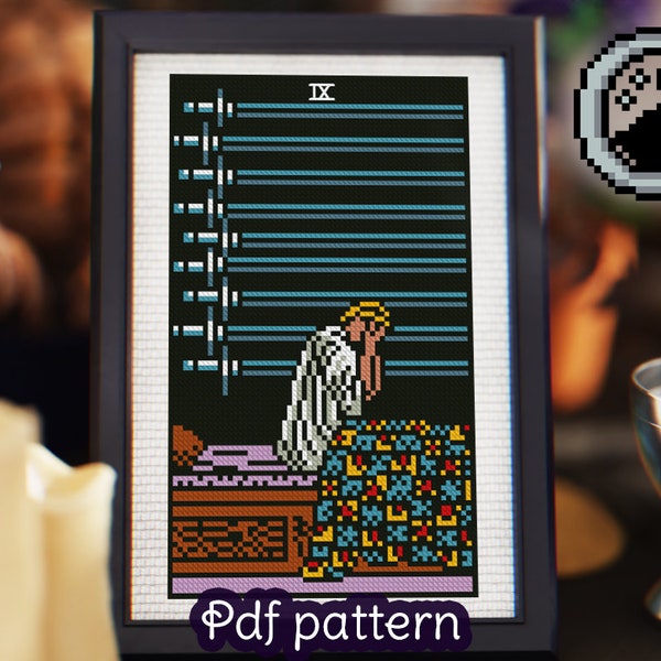 Tarot Card Cross Stitch Pattern - Nine of Swords- Rider Waite Tarot - Smith Waite Tarot