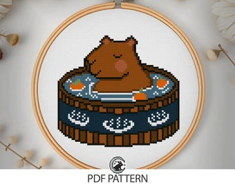 Kreuzstich-Muster - Capybara Badend mit Mandarinen - Digitales PDF