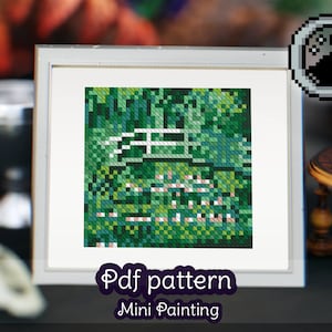 ミニモネ - 日本の歩道橋と睡蓮の池 - ミニ絵画クロスステッチパターン - 小さなクロスステッチ - ミニ傑作