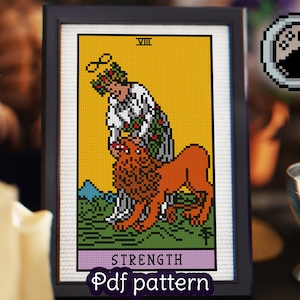 Padrão de ponto cruz de cartas de tarô - Força - Arcanos Maiores - Rider Waite Tarot - Smith Waite Tarot