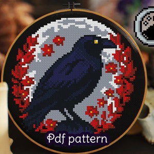 Cross Stitch Pattern - Raven Moon and flowers - Crow - Digital PDF
