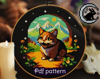 Cross Stitch Pattern - Cute Cat Landscape - Kawaii - Orange Cat - Fantasy Mountain Landscape - PDF Download