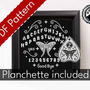 Cross Stitch Pattern - Ouija Board and Planchette - Luna Moth Ouija - Goth easy cross stitch - Instant PDF Download