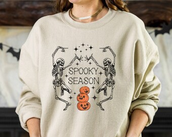 Spooky season skeleton sweatshirt, Halloween dancing skeleton shirt, Skeleton Halloween costume, Pumpkin skeleton graphic sweater