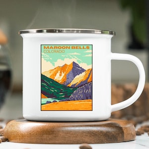 Maroon Bells Colorado Enamel Camping Mug, Colorado Mountains, Campfire Adventure Coffee Cup, Outdoorsy Aesthetic Tin mug, Vacation Camp mug