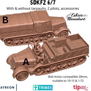 WW2 German Sdkfz 6/7, Eskice Miniatures, 15mm 20mm 28mm 54mm Scale, Bolt Action, Chain of Command, World War 2, Flames of War, 3D Half Track