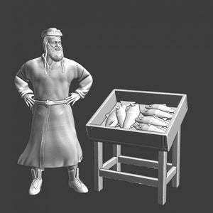 Northern Crusades Miniatures, Medieval Fish Merchant, Trader, Villager, Fisherman, RPG, 28mm, 3D Printed, Wargaming, Historical, 1/56, DnD