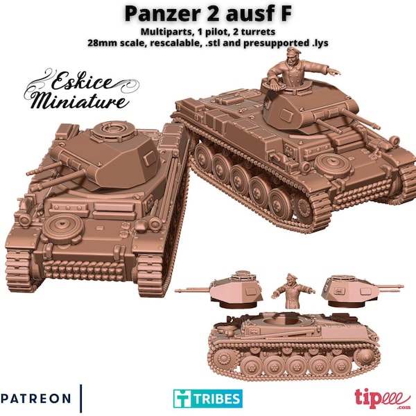 German Panzer II Ausf F Tank, Eskice Miniatures, WW2, 15mm, 20mm, 28mm, 54mm, Bolt Action, Chain of Command, World War 2, Flames of War, 3D