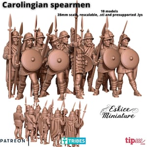 10 Medieval Carolingian Spearmen, Eskice Miniatures, Dark Age Infantry, 15mm, 20mm, 28mm, 54mm, Wargaming, Tabletop, 3D Printed, Resin