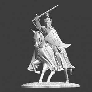 Northern Crusades Miniatures, Medieval Mounted King with Lion Crested Helm, 1/56, RPG Miniature, 28mm, 3D Printed, Wargaming, Historical