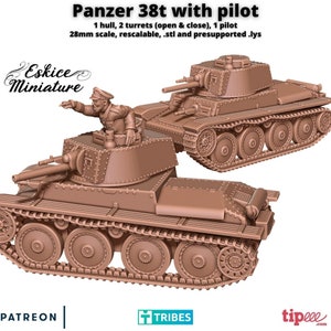 German Panzer 38(t) Tank w/ Pilot, Eskice Miniatures, WW2, 15mm, 20mm, 28mm, 54mm, Bolt Action, Chain of Command, World War 2, Flames of War