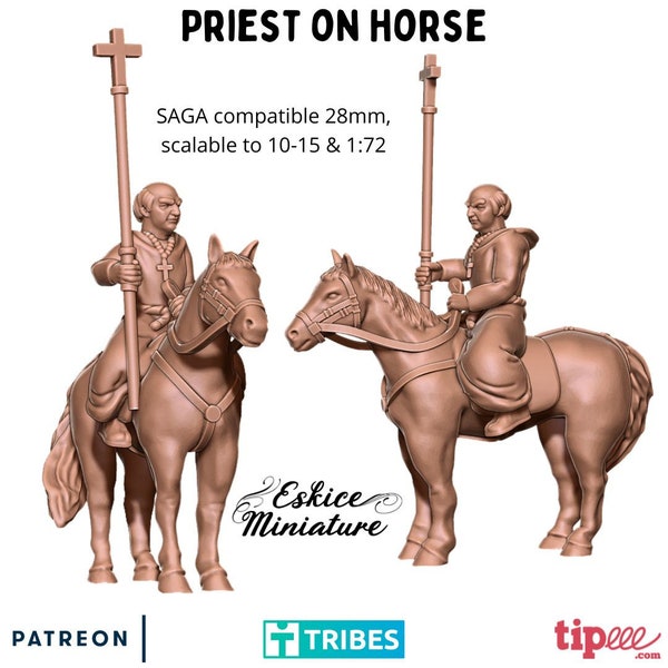 Medieval Dark Ages Mounted Priest on Horse, Eskice Miniatures, 15mm 20mm 28mm 54mm Scale, Wargaming Figures, 3D Printed Resin Minis, Saga