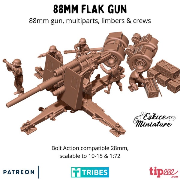 WW2 German 88mm Flak Cannon with Limber & Crew by Eskice Miniatures, 15mm 20mm 28mm 32mm 54mm Scale WWII Minifigures Bolt Action Artillery