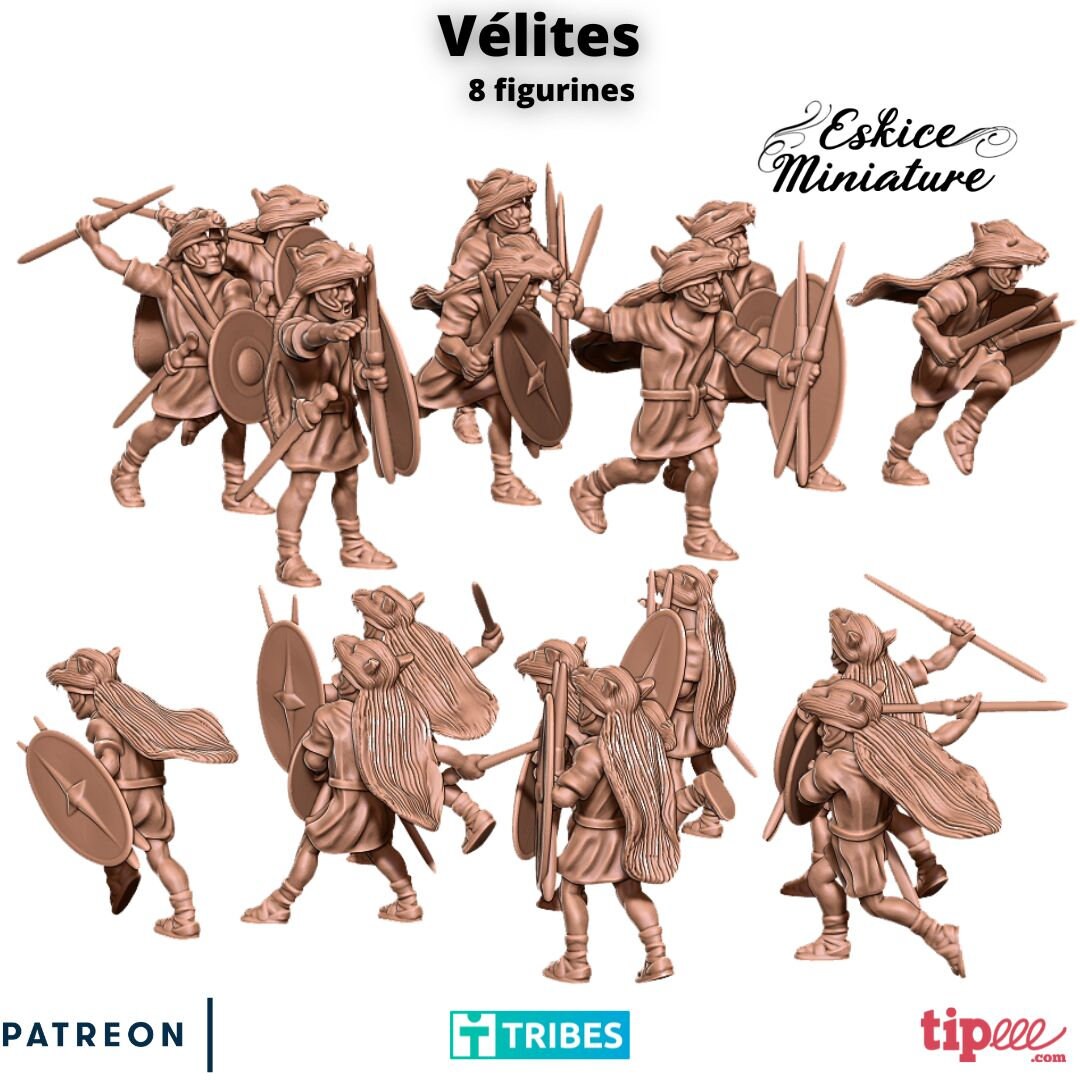 Roman Republic Velites, Eskice Miniatures, 8 Skirmisher Figures, Ancient, 15mm, 20mm, 28mm, 54mm, Hail Caesar, Saga, Wargaming, Tabletop, 3D