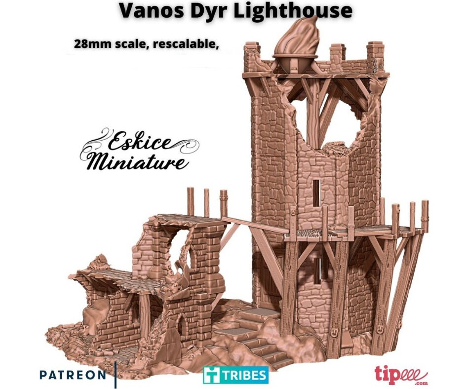 Ruined Lighthouse, Wargaming Terrain, Scenery, Diorama, Eskice Miniatures, 15mm, 20mm, 28mm, Medieval Fantasy, DnD, Pathfinder, Tabletop RPG