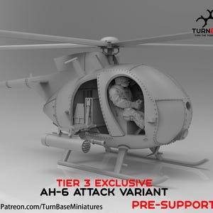 Turnbase Modern Miniatures, US AH-6, Gunship Attack Helicopter, 15mm 20mm 28mm 32mm 35mm Scale, Post Apocalyptic, Spectre Operations