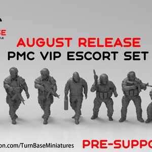 Turnbase Modern Miniatures PMC VIP Escort Set, 7 Minifigures, 15mm 20mm 28mm 32mm 35mm 40mm 54mm Post Apocalyptic, Zona Alfa, 3D Printed