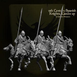Reconquer Designs, Miniatures, 11th Century Spanish Knights w/ Lances Up, 28mm, 20mm, 1/72 scale, 40mm, 54mm, Medieval, Historical, Crusades