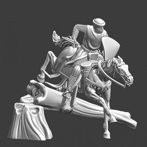 Northern Crusades Miniatures, Medieval Mounted Knight Jumping Over Tree, 1/56, RPG Miniature, 28mm, 3D Printed, Wargaming, Historical, DnD