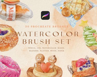 May include: A digital art set featuring 30 Procreate brushes, titled Watercolor Brush Set. The image displays watercolor-style illustrations of a mango dessert, a melon pan, a pink donut, gingerbread cookies, toast with berries, and a matcha ice cream cone.