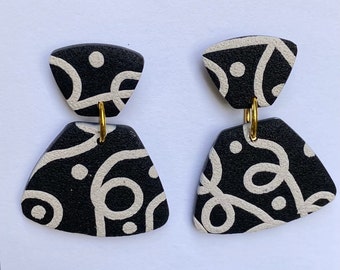 Black and Cream Retro Dangle Clay Earrings