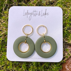 Olive and Gold Circle Dangle Earrings