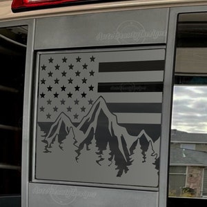 Fits 2013-2025 Nissan Frontier Rear Middle Sliding Window American Flag Mountain Tree Outdoor Decal Sticker