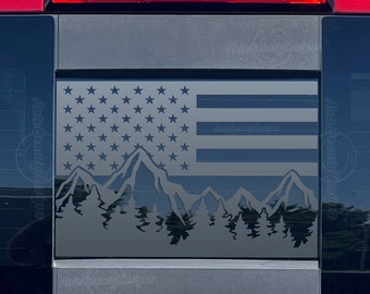Fits 2014-2018 Chevy Silverado Rear Middle Sliding Window American Flag Mountain Tree Outdoor Decal Sticker