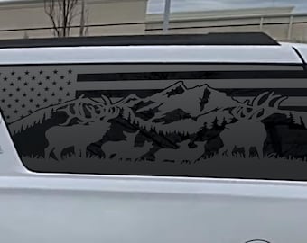 Fits 2015-2020 Chevy Suburban Rear Side Window American Flag Mountain Tree Deer Elk Decal Sticker