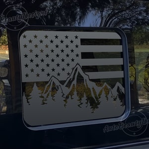 Fits 2015-2025 Ford F150 (17-25 F250 F350) Rear Middle Sliding Window American Flag Mountain Tree Outdoor Decal Sticker