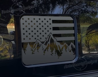 Fits 2015-2026 Ford F150 (17-26 F250 F350) Rear Middle Sliding Window American Flag Mountain Tree Outdoor Decal Sticker