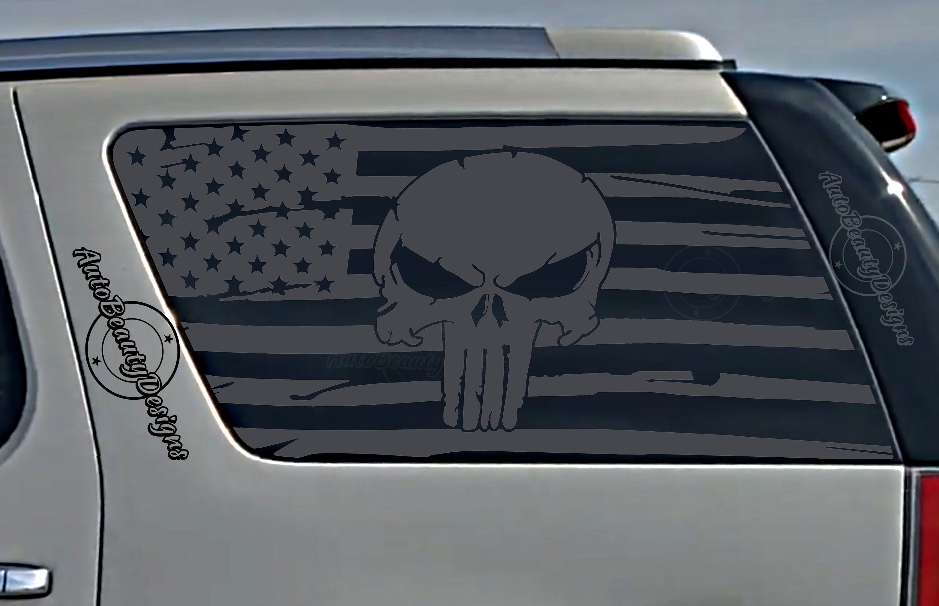 Fits 2007-2014 Chevy Tahoe Rear Side Window Punisher Distressed American Flag Decal Sticker